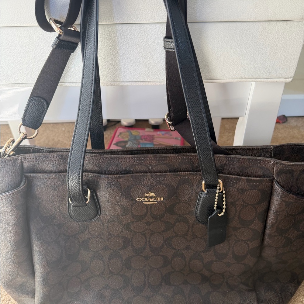 Coach Brown Signature Canvas Tote with Black Leather Trim
